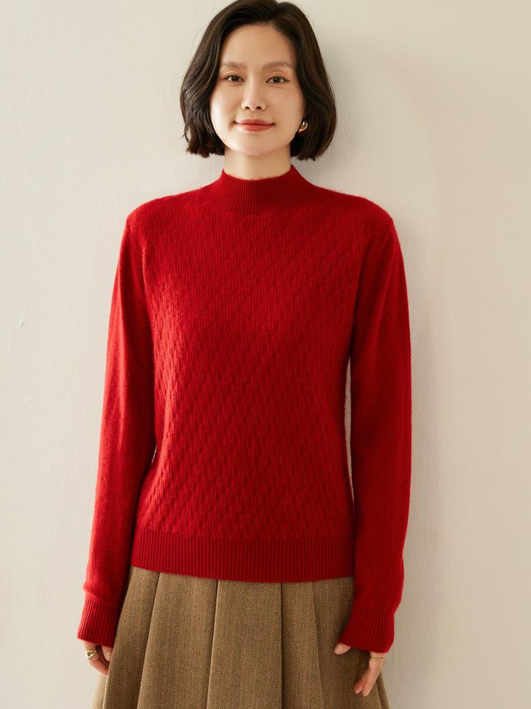 Women's Cashmere Half-High Collar Loose Knit Sweater - Autumn Winter Long Sleeve Pullover