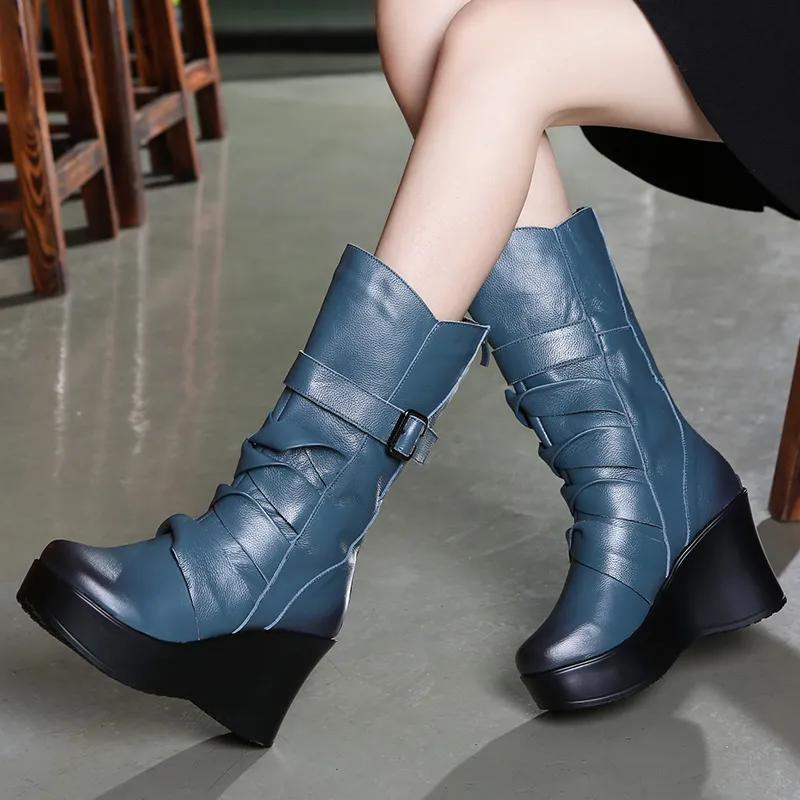 Fashion GKTINOO New Fashion Genuine Leather Women's Boots Mid-Calf Winter Warm Shoes Casual Women Wedges Shoes Woman Motorcycle Boots
