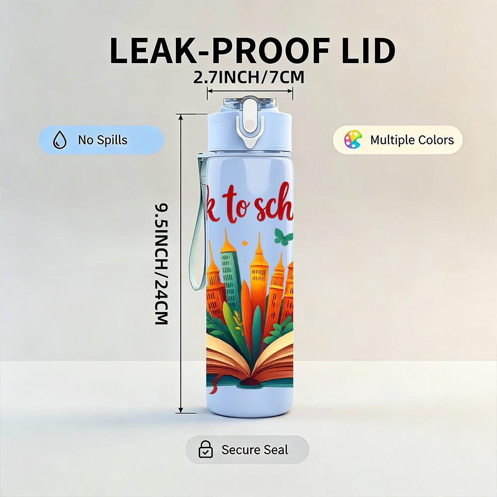 1PC Back To School Book Art Print 750ml Color Plastic Sports Water Bottle Leakproof Flip Straw Lid Suitable for Sports Office Home Use