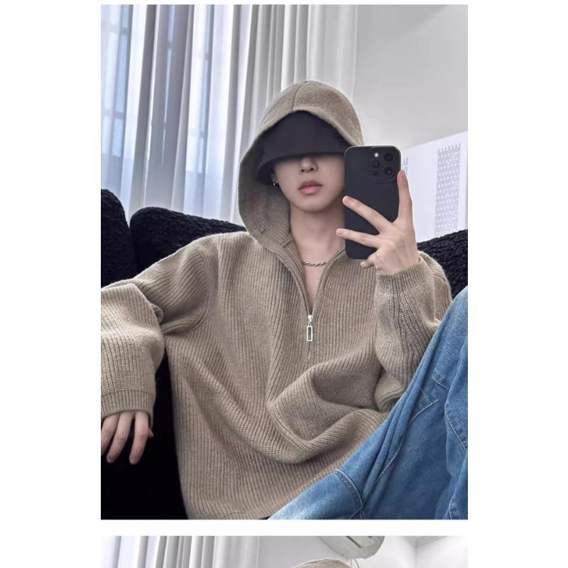 Men S Hooded Half Zip Knit Sweater Loose Warm Casual Pullover