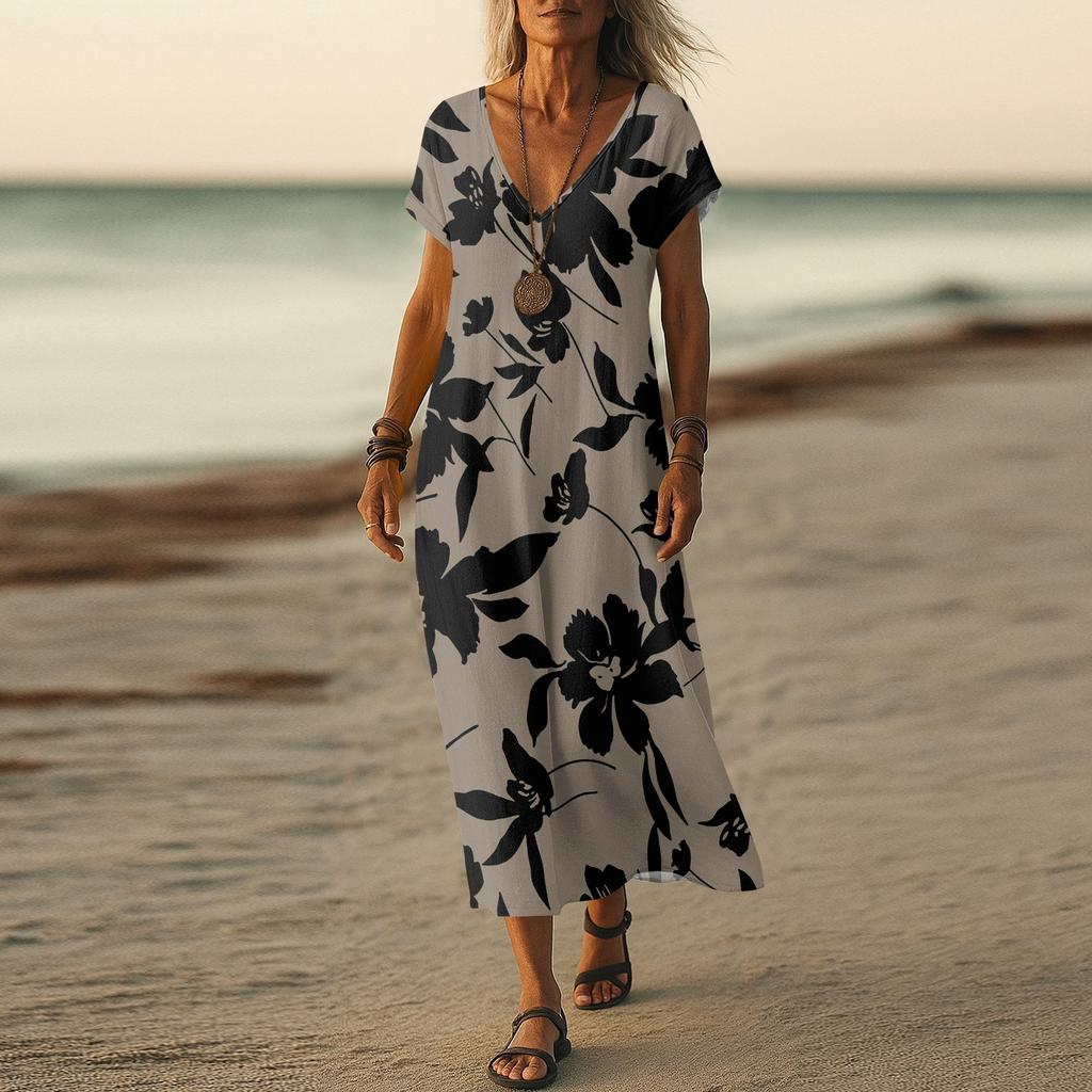 Summer Dress Women's Long Boho Beach Dress Elegant Maxi Dress V-Neck Short Sleeve Summer Tunic Dress Light Airy