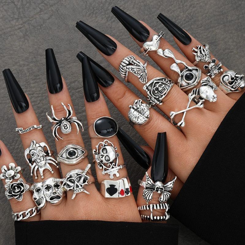 New dark hip-hop skull spider card exaggerated retro ring 24-piece set punk ring jewelry