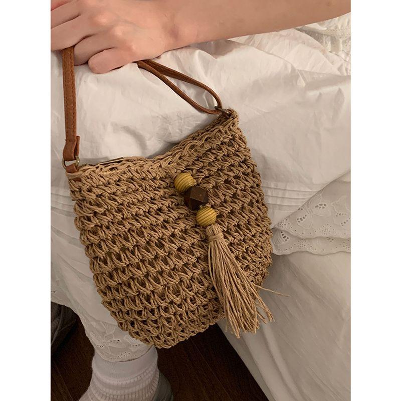Holiday Style Straw Bag Women 2025 New Trendy Fashion Artistic Woven Bag All-Matching Shoulder Bucket Bag Beach Bag