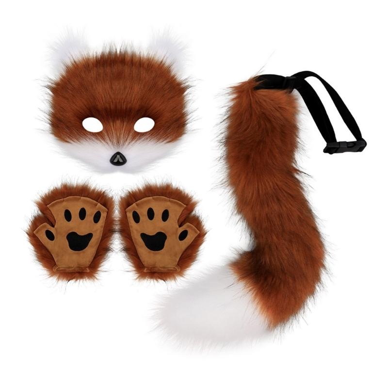 Wolf Foxes Costume Set Plush Animal Mask Animal Tail and Glove, Halloween Animal Costume for Kid Adult Halloween Cosplay