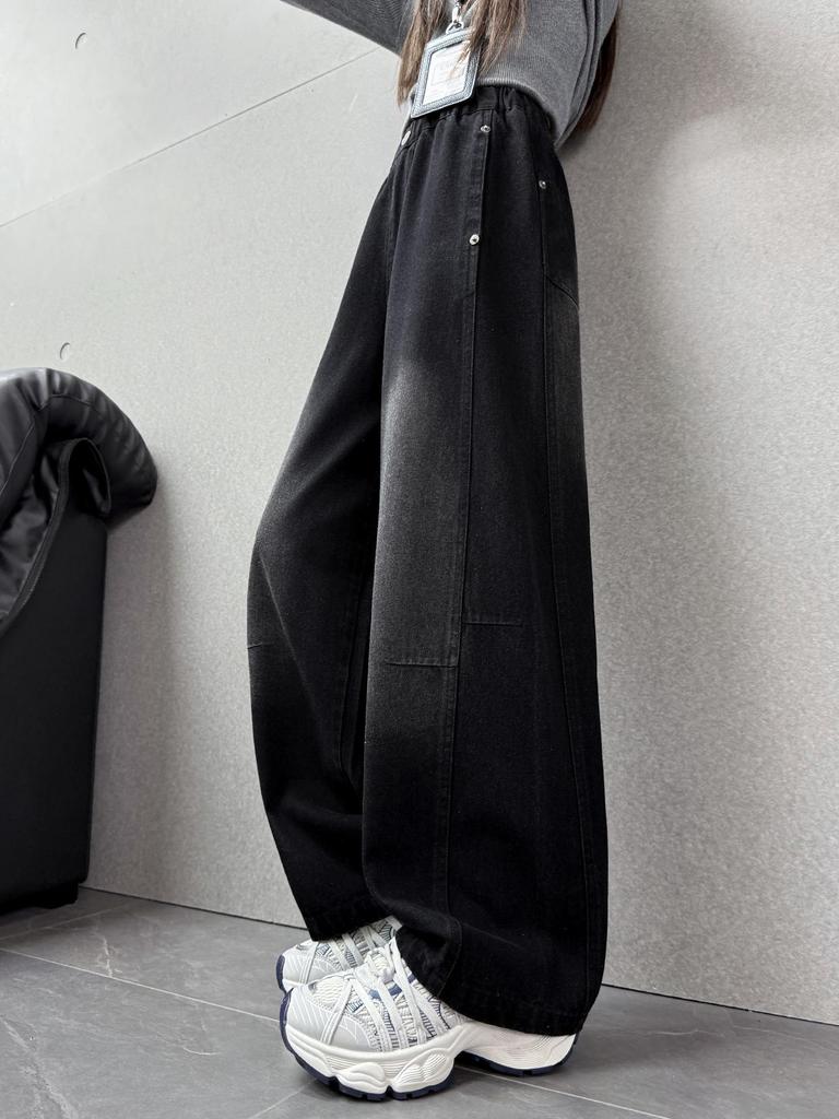 Girls' Black Jeans - 2025 Spring/Autumn, Trendy Loose Fit with Curved or Straight Leg Options.