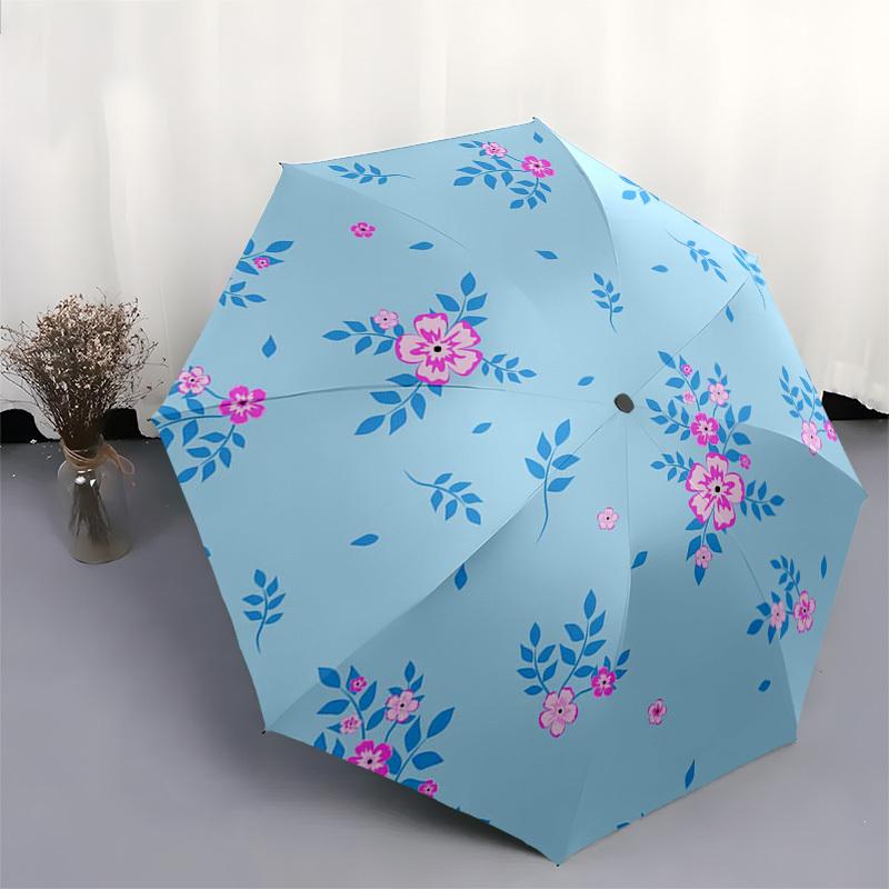 1pc Floral Pattern Light Blue Pink Flowers Leaves Umbrella with Plastic Handle,Suitable for All Seasons Umbrellaptys26003