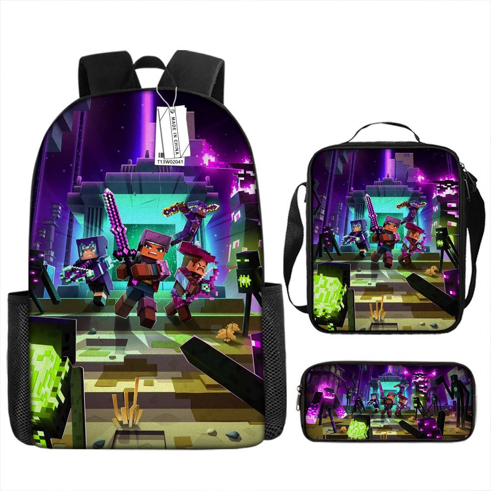 Minecraft Cartoon Print Backpack Set 3-Piece Student School Bag Water-Resistant Large Capacity Unisex