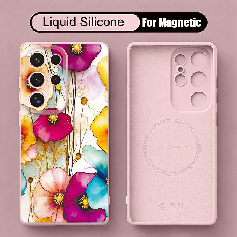 INS Watercolor Floral Case For Samsung Galaxy S26 S25 Ultra S24 Plus S23 S22 Ultra Magnetic For Magsafe Liquid Silicone Cover