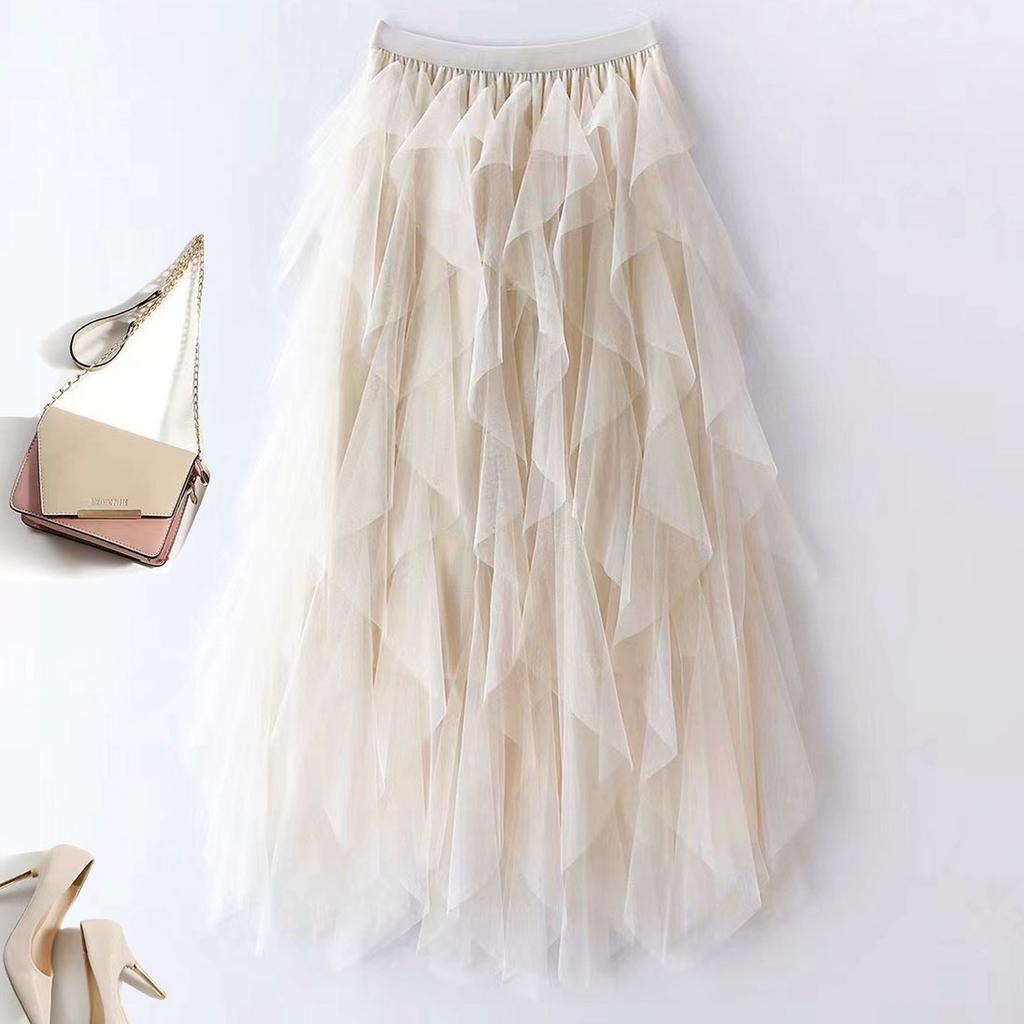 Nepravidelná A-liniová síťovaná sukně s vysokým pasem Jarní Nová volánová dortová sukně Bustier Sukně Sárí Dámská nadýchaná sukně