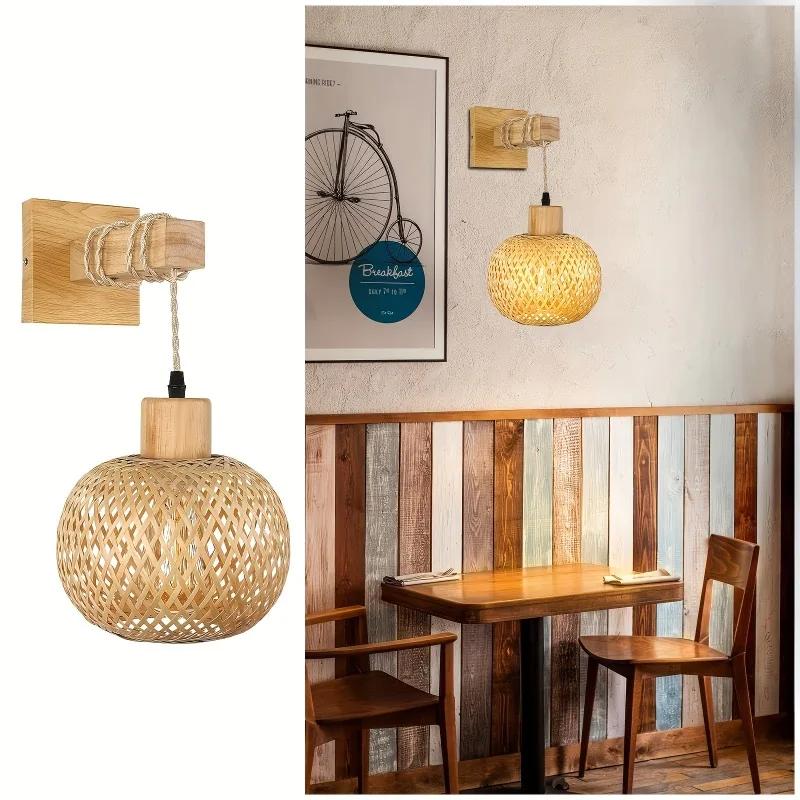 Handcrafted Bamboo Rattan Wall Sconce with Plug-In Cord - Rustic Farmhouse Boho Lighting Bedroom Commercial Spaces Vintage Lamp