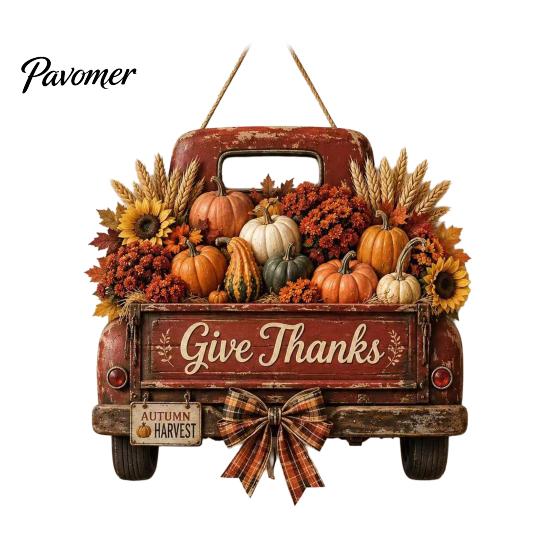 Wooden Autumn Welcome Sign Harvest Pumpkin Truck Hanging for Front Door, Fall Door with Rustic Farmhouse Thanksgiving Decor Hemp Rope, Distressed