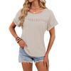 Women's Round Neck Short Sleeve Waffle Knit Top Straight Fit Casual Hollow Lace Patchwork Solid Color T Shirt Blouse