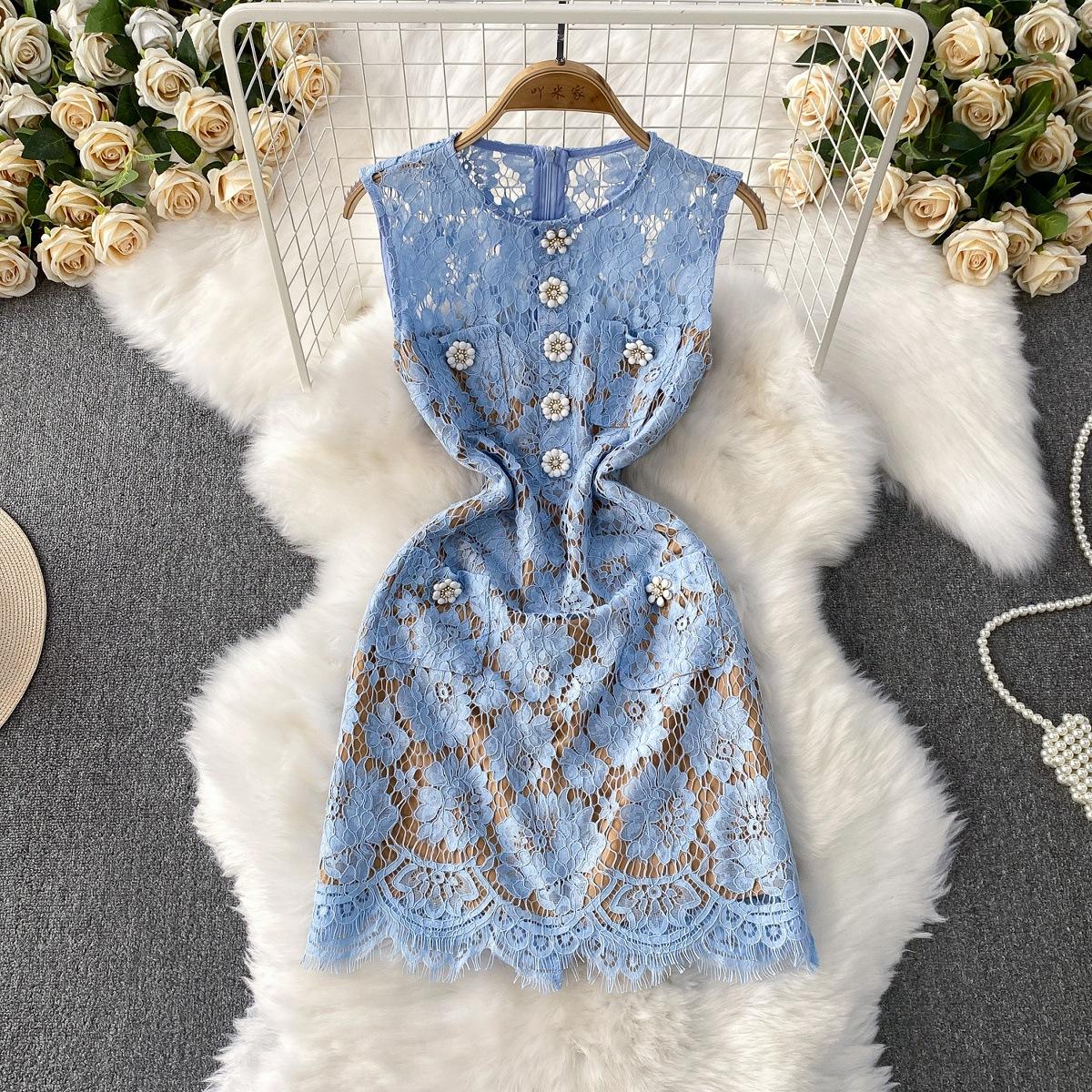 

Элегантное платье без рукавов с трехмерным цветочным принтом и круглым вырезом для женщин, летнее кружевное утягивающее платье L светло-синий