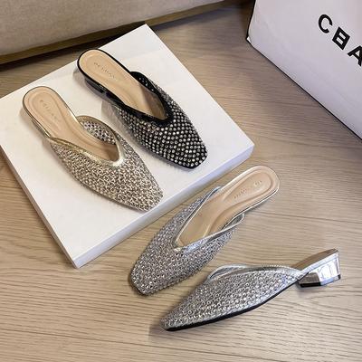 Fairy Wind Transparent Rhinestone Hollow Half Slippers Women's Thick Heel Low Heel Bag Head Sandals Summer Wear Skirt