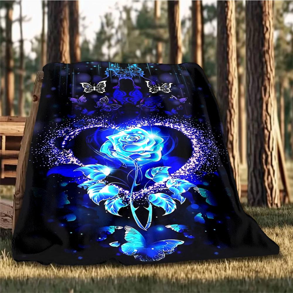1pc Blue Rose Butterfly Print Outdoor Flannel Blanket Soft All Season Polyester Throw , Perfect for Picnics & Travel , Picnic Accessory