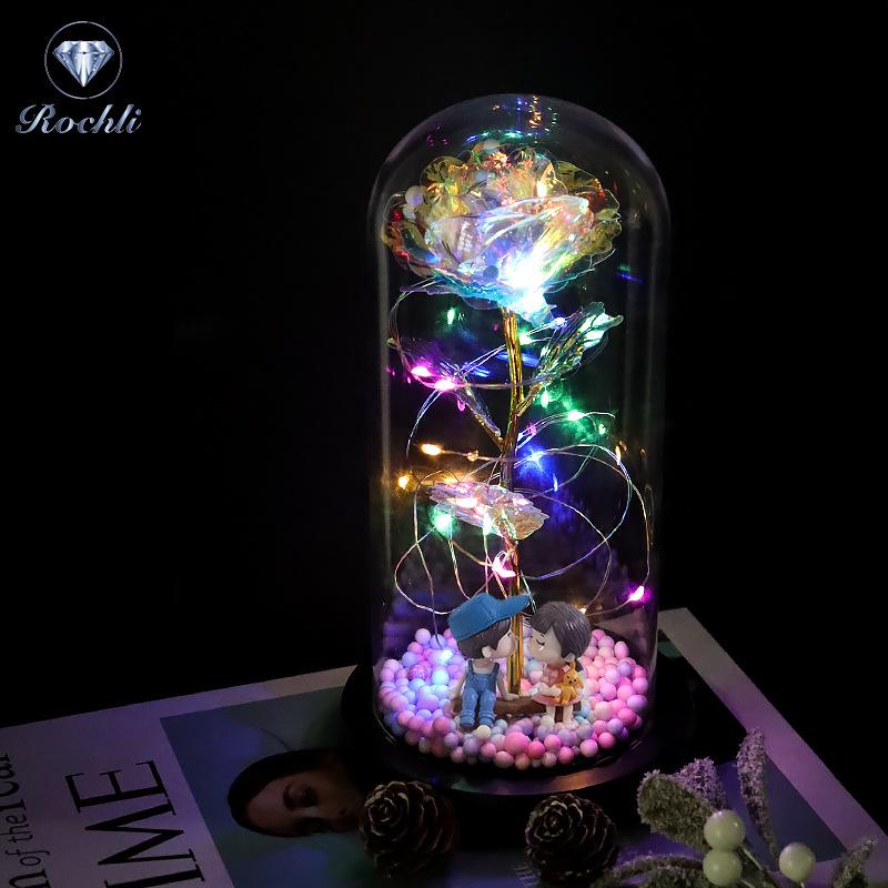 Rose Flower Preserved in Glass Dome with Night Light - Mother's Day or Birthday Gift Ornament