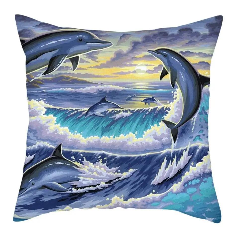 Colorful Sea World Pillowcase Cute Dolphin Pattern Cushion Cover Home Sofa Car Decoration