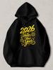 Black Pullover Hoodie 2026 Happy New Year Golden Glitter Print Festive Sweatshirt with Pocket for Winter Holiday Party Celebration