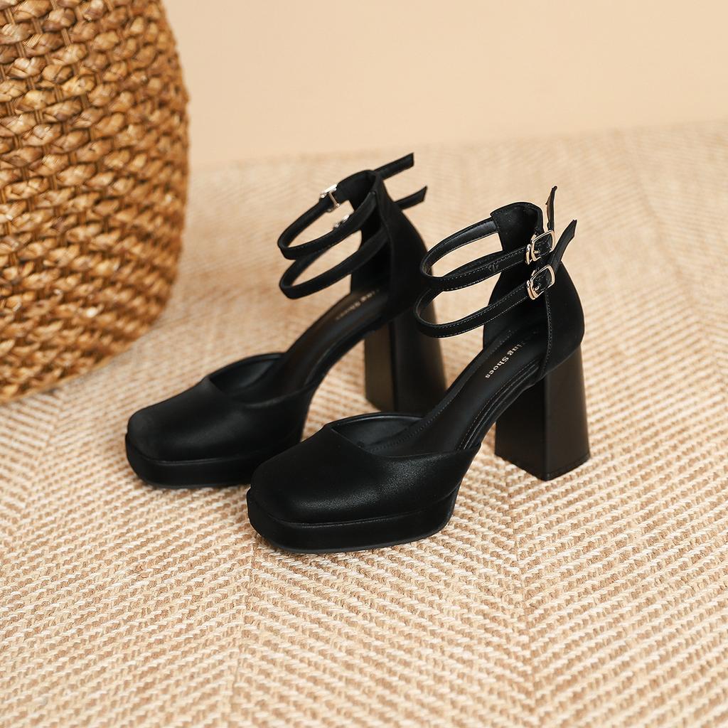 3359-22 Fashion and Sexy Strap Square Head Thick Heel Single Shoes Women's British Style Black High Heels One-word Belt Women's Shoes