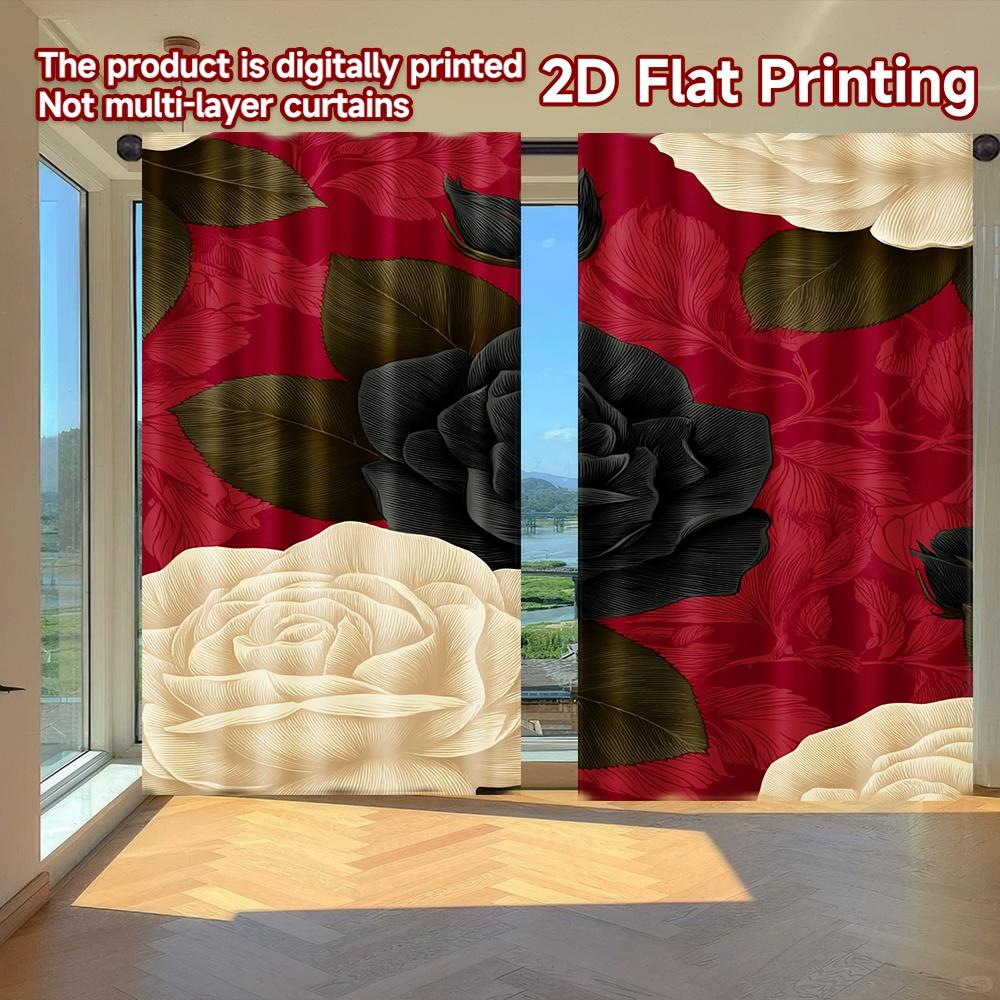

2D FLAT PRINTING 2pcs Curtains (Without Rod) Flower Bouquet on Red Modern Fashionable Curtainments during the New year holiday 100*130 Rod Pocket 1pcs