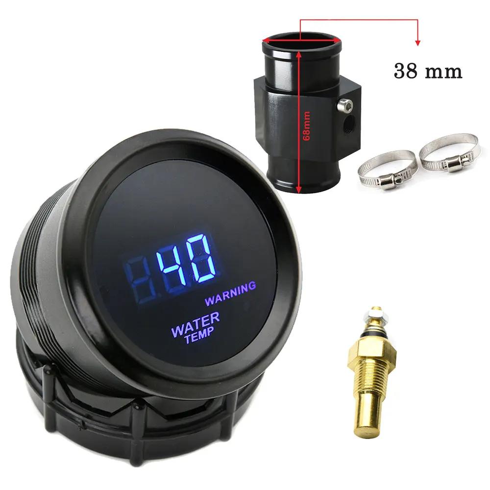 52mm Wassertemperaturanzeige Blaue LED-Beleuchtung mit 16mm-40mm Anschlussrohr-Adapter Schwarz/Blau mit Wassertemperatur 1/8NPT Sensor