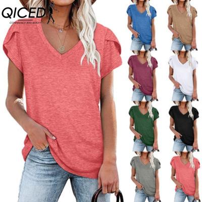 Women's Fashion Casual Solid Color Print Short Sleeve V Neck Blouses & Shirts