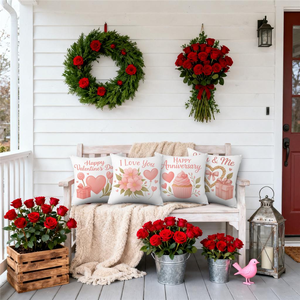 4pcs Valentine'S Day Throw Pillow Covers | Pink Floral Hearts Gift Cupcake Designs, Zip Closure, Polyester, Hand Wash Only, Suitable for Bedroom, Sofa