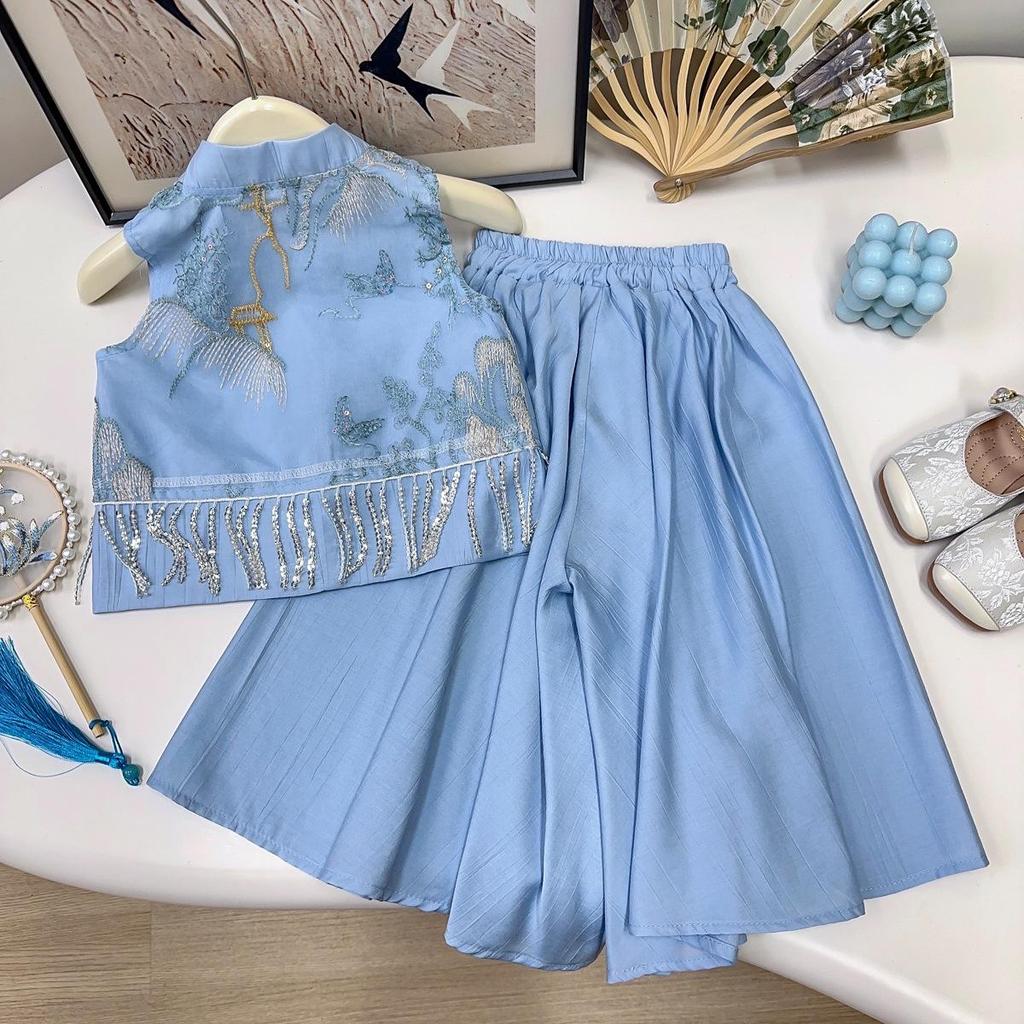Girls' Summer Embroidered Tassel Vest & Long Pants Set
