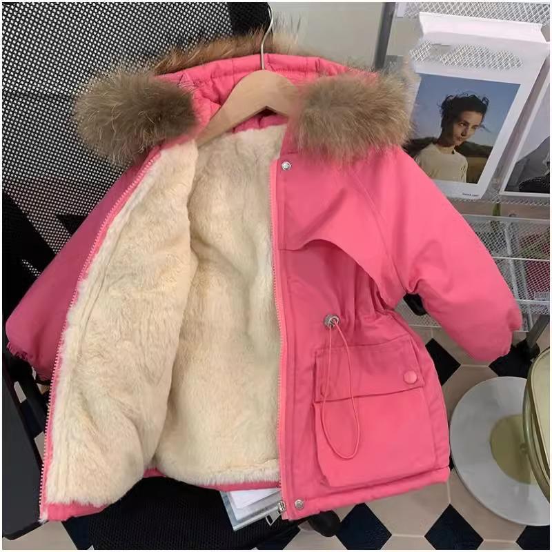 

Зимняя детская одежда хлопковое пальто ветровка пальто для мальчиков и девочек средней длины плюшевая хлопковая куртка с завышенной талией 110cm розовый