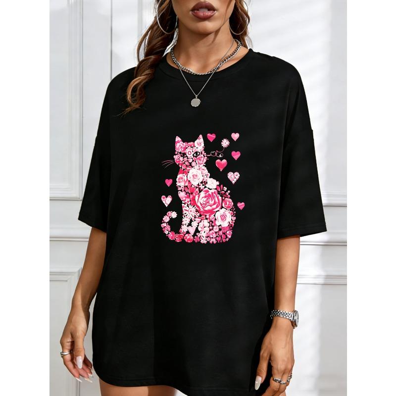 

White T Shirt With Pink Cat Rose And Heart Print For Casual Wear XXXXL чорний