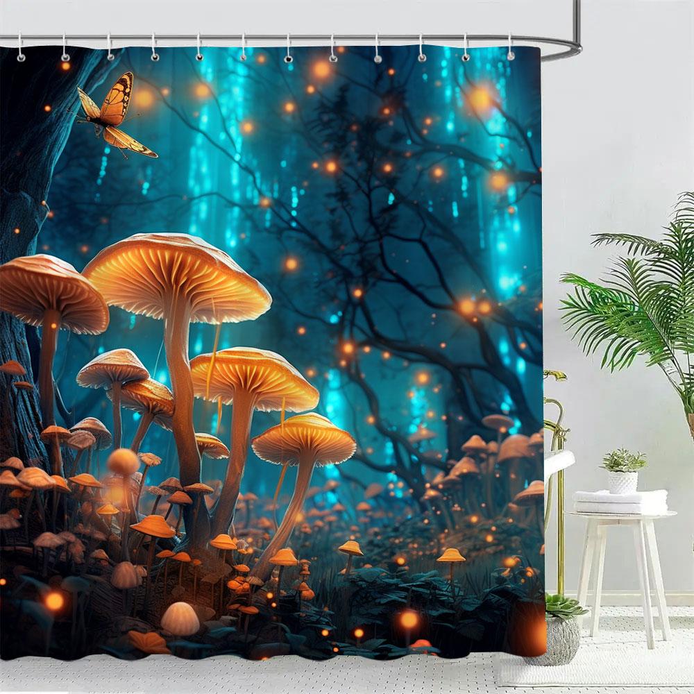 Fantasy Forest Mushroom House Shower Curtain Pretty Cartoon Pattern Polyester Fabric Kids Bath Curtain Bathroom Decor With Hooks