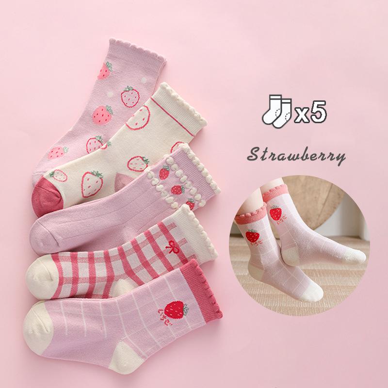 5 Pairs Girls Soft Cotton Middle Tube Socks Autumn Winter Warm Love Heart Flower Print Baby Kids Socks