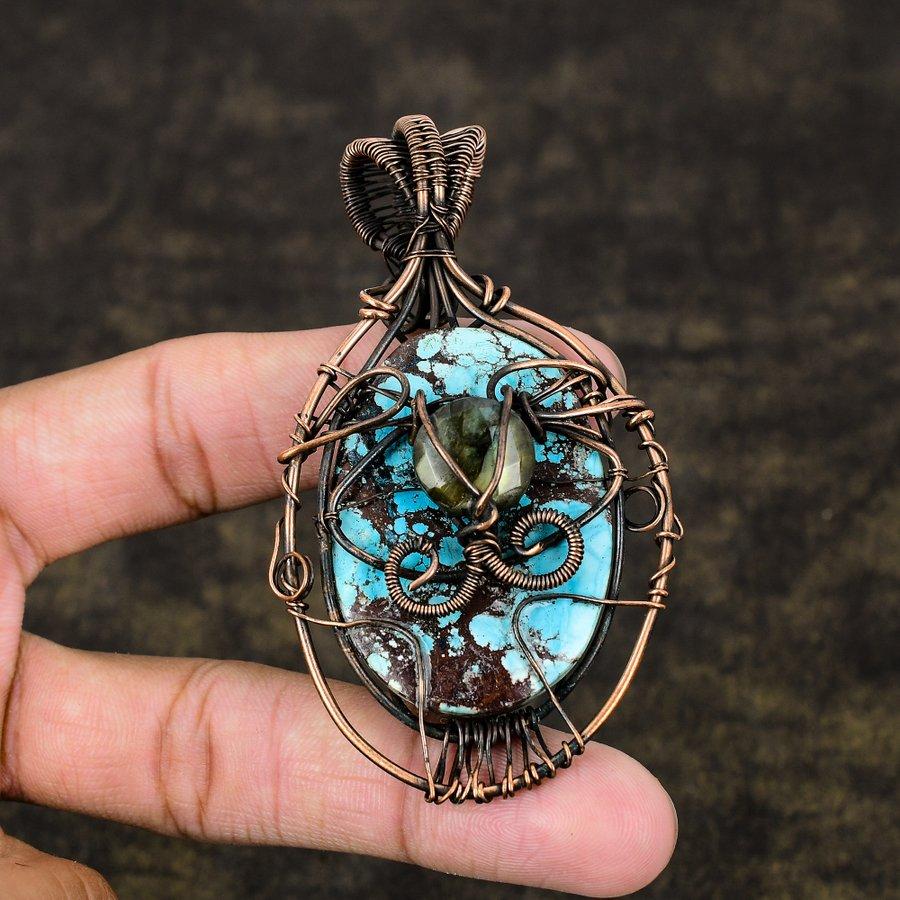 Tibetan Turquoise Handmade Copper Wire Wrap Jewelry Pendant 3.27" L6M69