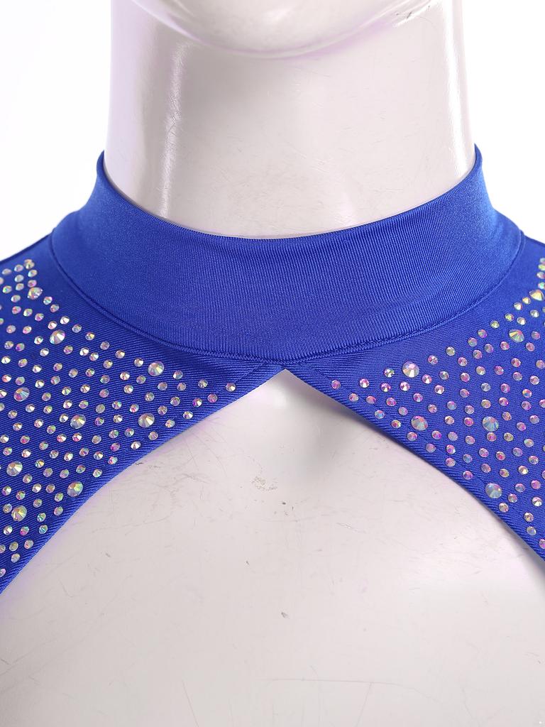 Dámská kombinéza na krasobruslení třpytivé kamínky dlouhý rukáv střapce přední design vykrojená záda jednodílný overal