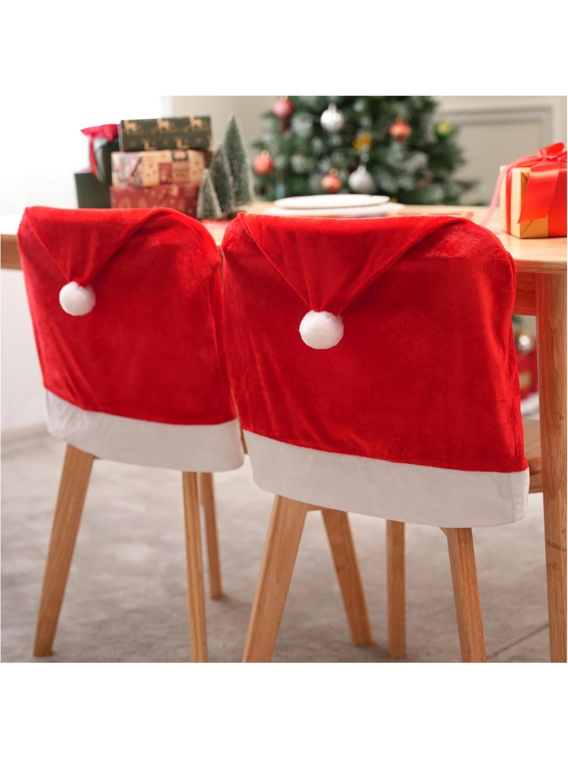 

JOYFY 4 Pcs Christmas Chair Cover Red Santa Hat Chair Slipcovers for Christmas Holiday Festival Decoration Ornaments Set