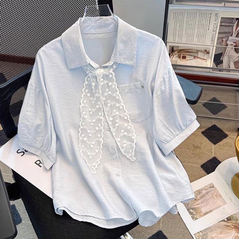 

Shirt for Women Summer Oversize Cotton Loose Casual Shirt Tie Lace Solid Color Tops Blouses Soft M синій