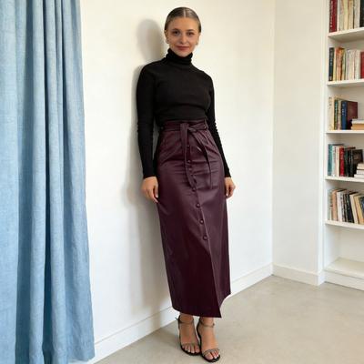 Women Skirt Faux Leather High Waisted Front Slit Hip Wrapped Skirt with Belt Buttons Closure Commuting Street Skirt