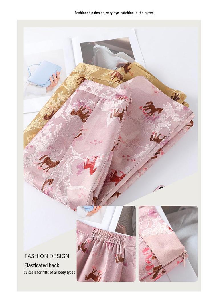 Women's Pink Chinese-Style High Waist Slit Print A-Line Skirt - Spring 2026