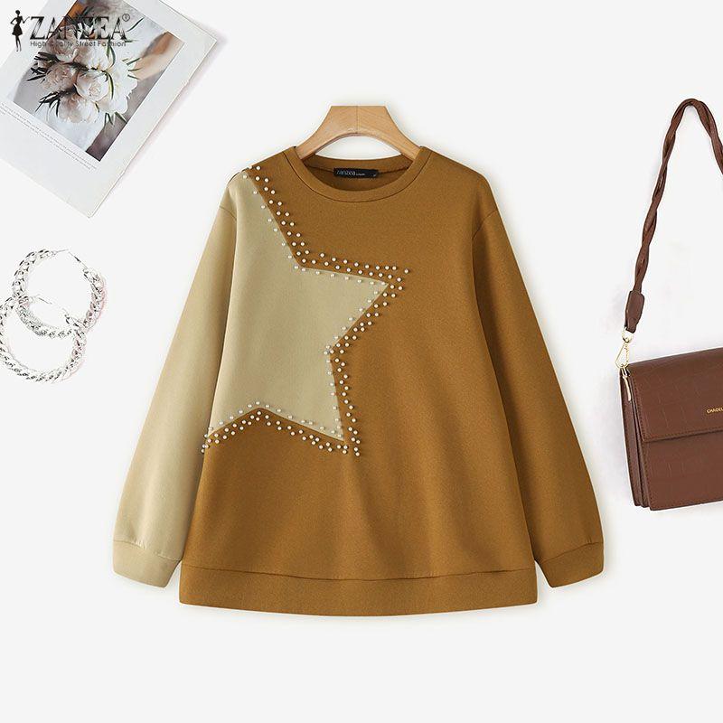 ZANZEA Women Casual Round Neck Patchwork Long Sleeve Pullover T-Shirts