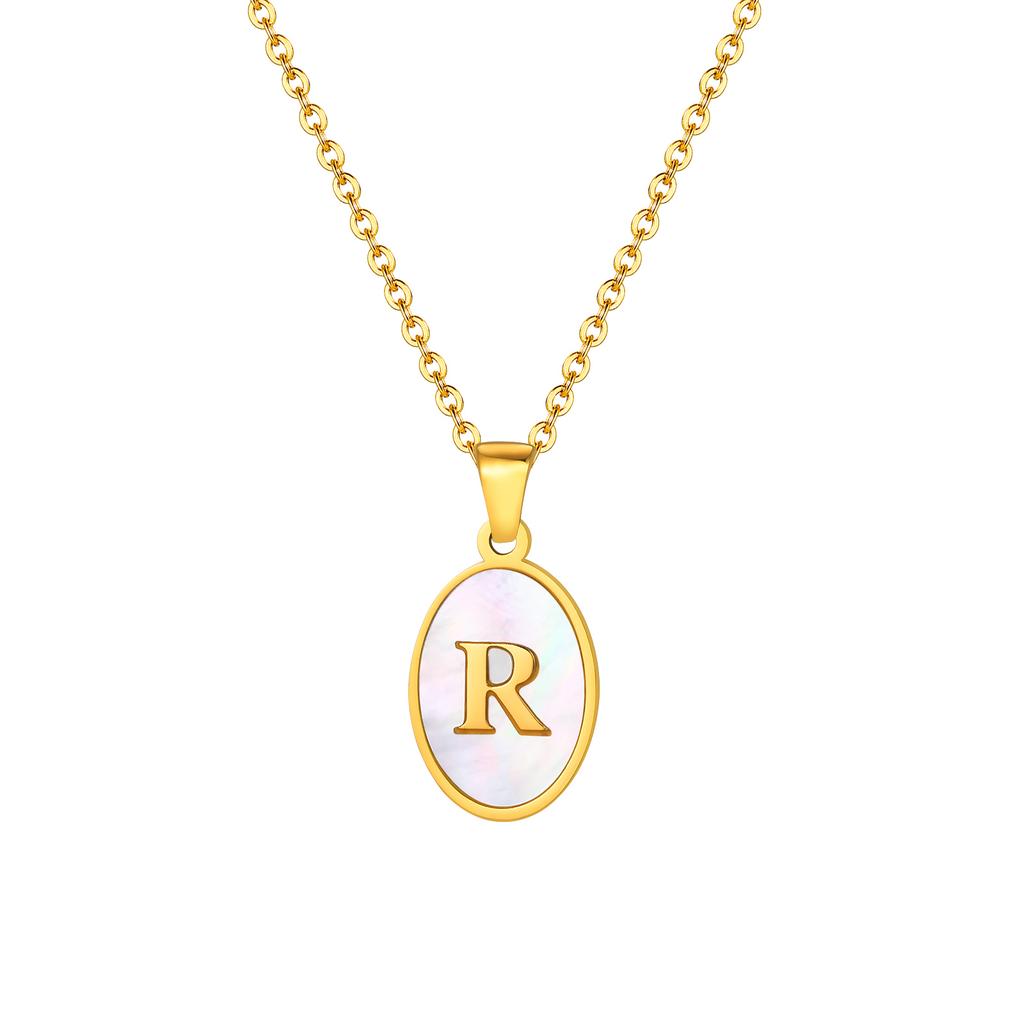 Stainless Steel Oval White Shell Letter A-Z Initial Pendant for Women,Gold Plated 26 Letters Necklaces,Trendy Jewelry Gift