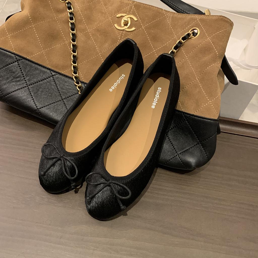 Sheepskin Version~ Grape Mother Same Leather Classic Round Head Bow Leopard Print Single Shoes Women's Shallow Mouth Ballet Flats