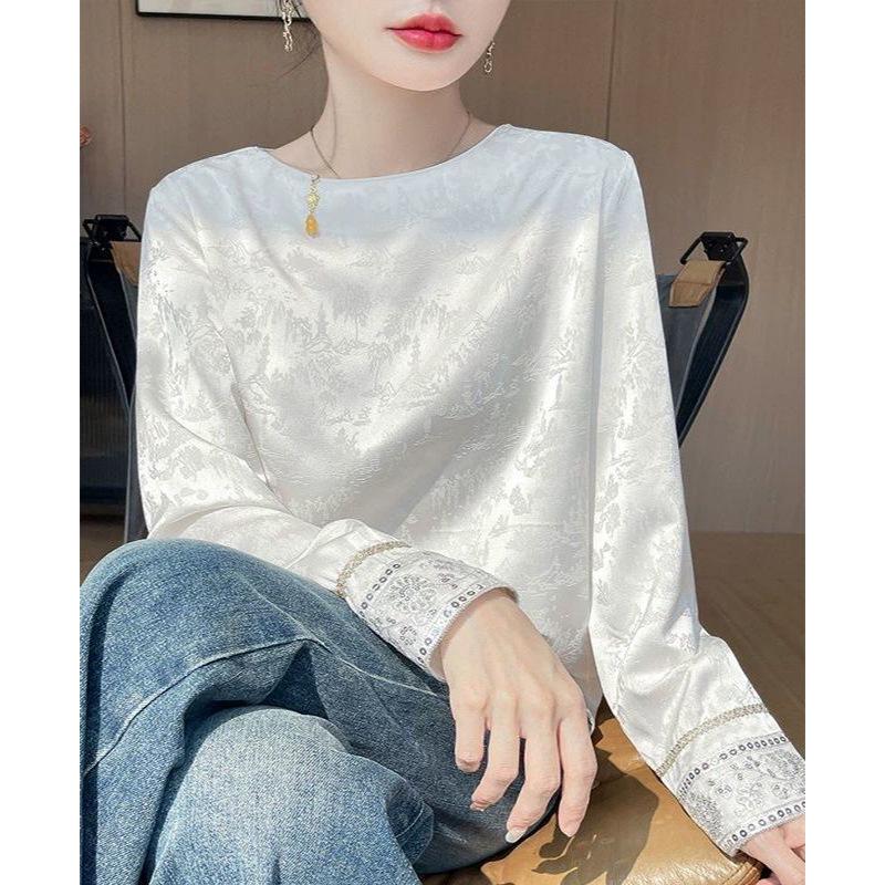 Spring New Heavy Embroidery Jacquard Long Sleeve Retro Chinese Style Round Neck Plus Size Women's Top