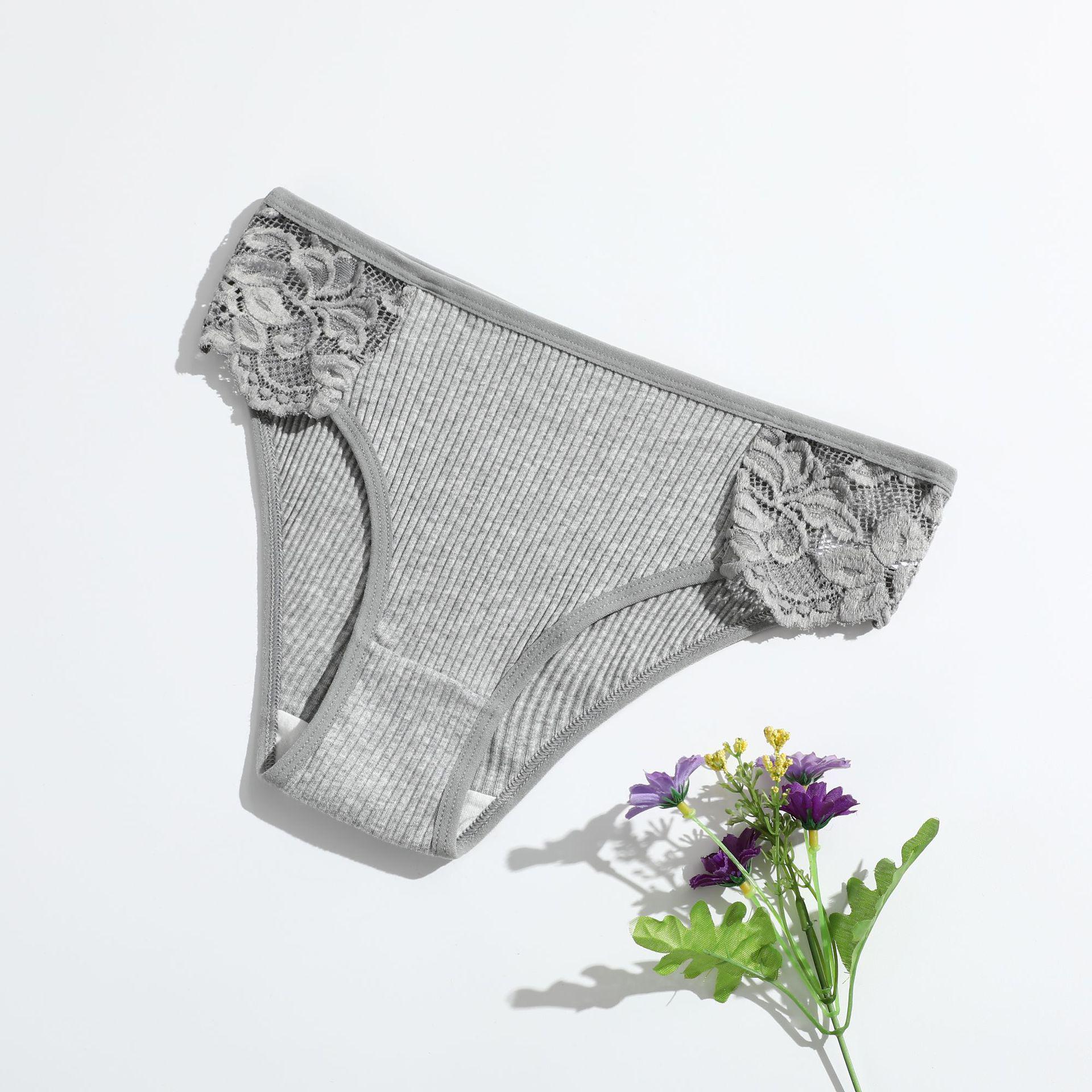 

Новые женские хлопковые трусы в рубчик: Однотонный, Низкая посадка, Кружевная отделка, Дышащий, Двухслойная ластовица Small серый