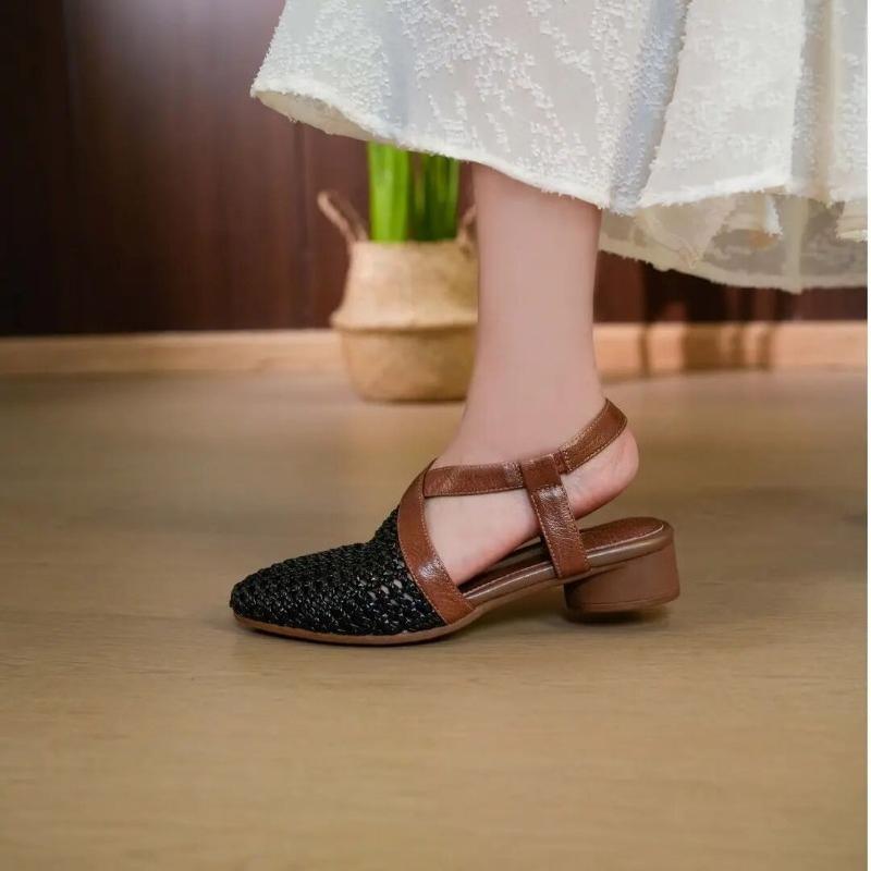 Round Toe Woven Block Heel Sandals Summer New Fashion Colorblock Cutout Breathable One Strap Non-Slip Kitten Heels