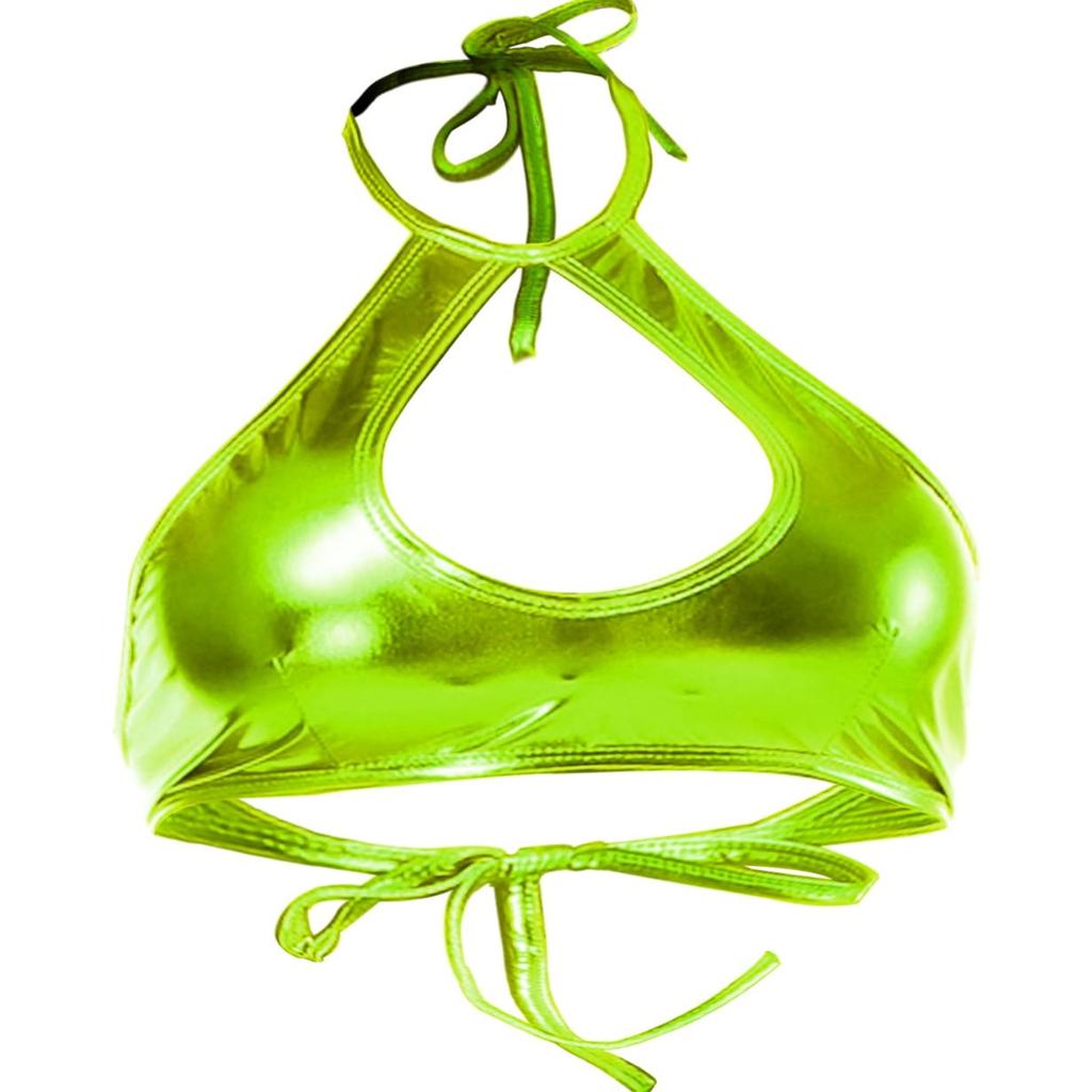 Shiny Metallic Rave Tops for Women Sexy Wet Look Leather Bra Halter Strap Outfit Crop Tops