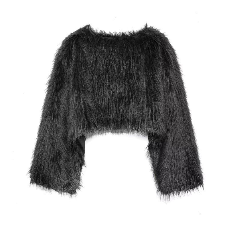 Eco-Friendly Faux Fur Short Coat Women Winter Streetwear Round Neck Long Sleeve Outerwear In Beige Black
