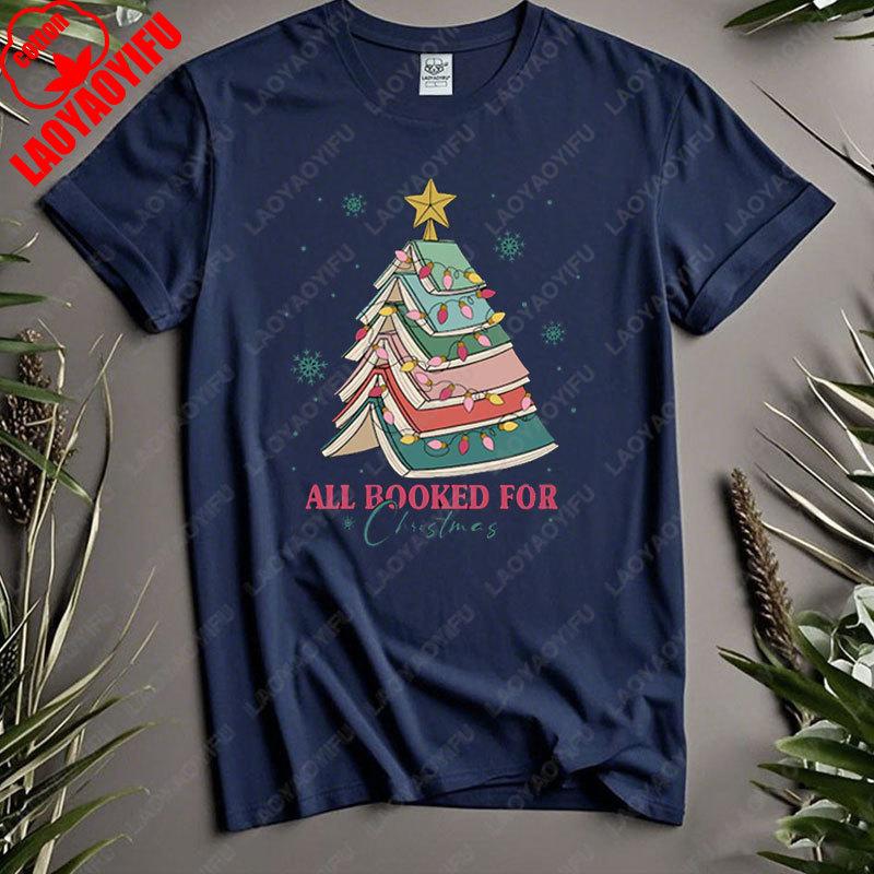 All Booked for Christmas Gift Tees for Librarian Bookworm Tree Kawaii Funny Unique Creative Tops Men Women Cotton Trend Tshirt