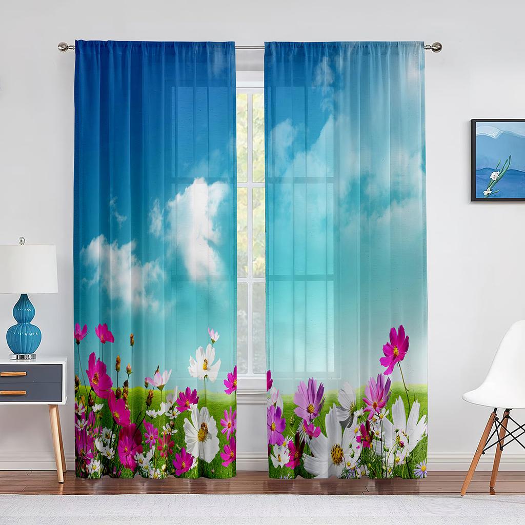 Blommande Träd Körsbärsblom Lila Gul Vita Blommor Skir Voilegardin för Vardagsrum Sovrum Inredning Tyllgardiner Draperier