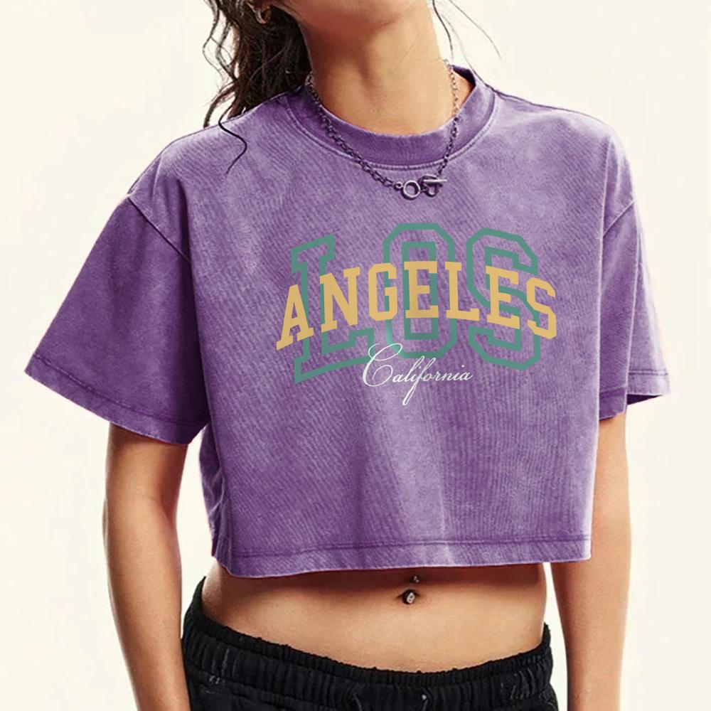 

Los Angeles California Art Letter Printing Womens Washed T Shirt Fashion Cotton T-Shirt Crop Short Sleeve Slim Clothes M