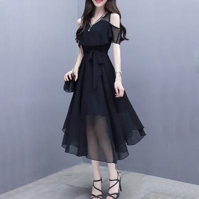 Elegant mode V-ringad dragkedja Off Shoulder Kortärmad A-LINE Klänning Sommar Svart Enfärgad Chiffong Empire Damkläder